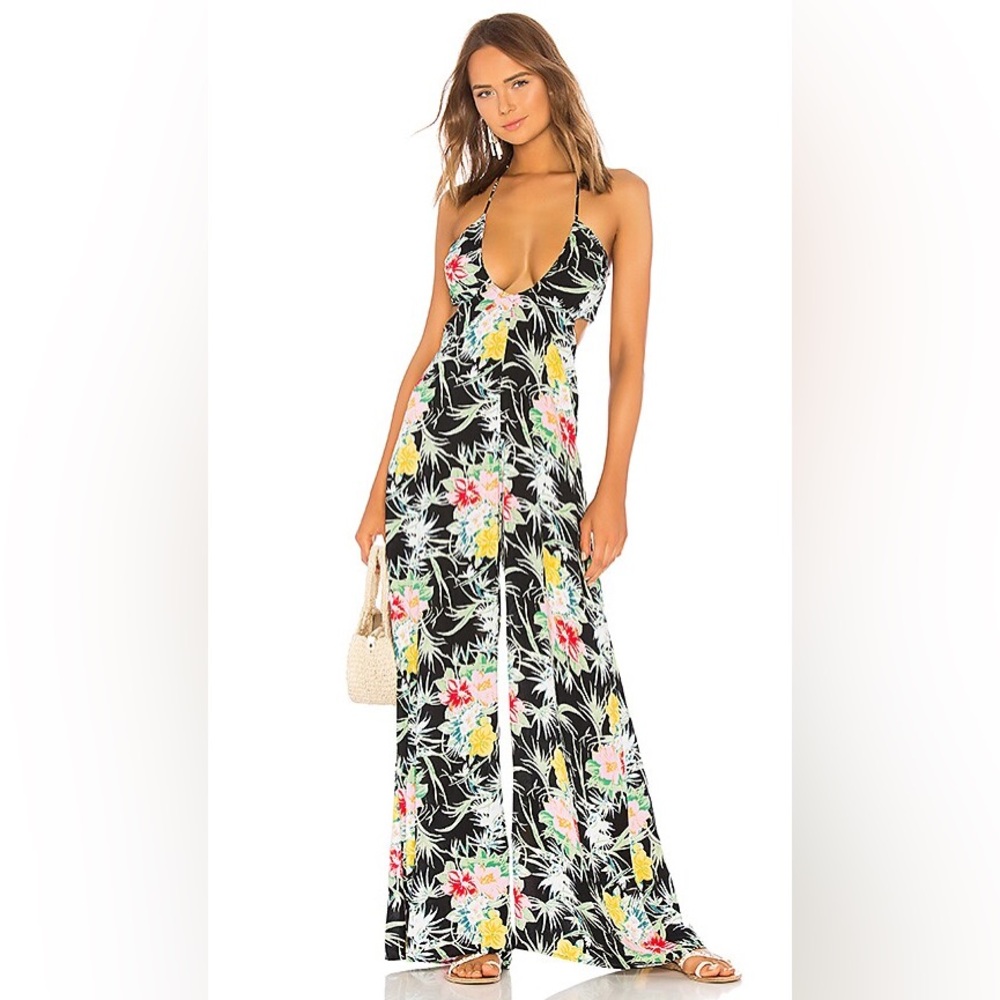Indah Black Floral Halter Wide-Leg Jumpsuit